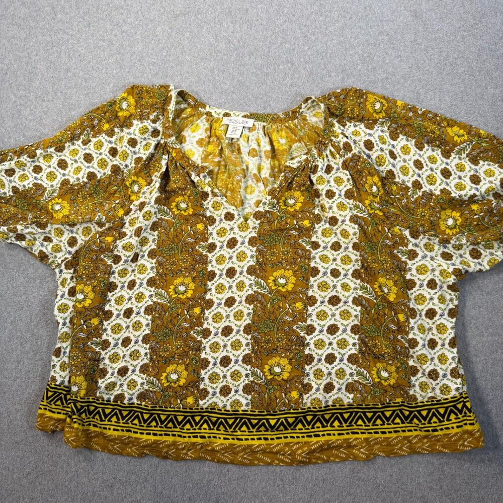 Rachel Zoe Women's XL Floral Peasant Blouse Top Yellow Brown V-Neck Short Sleeve